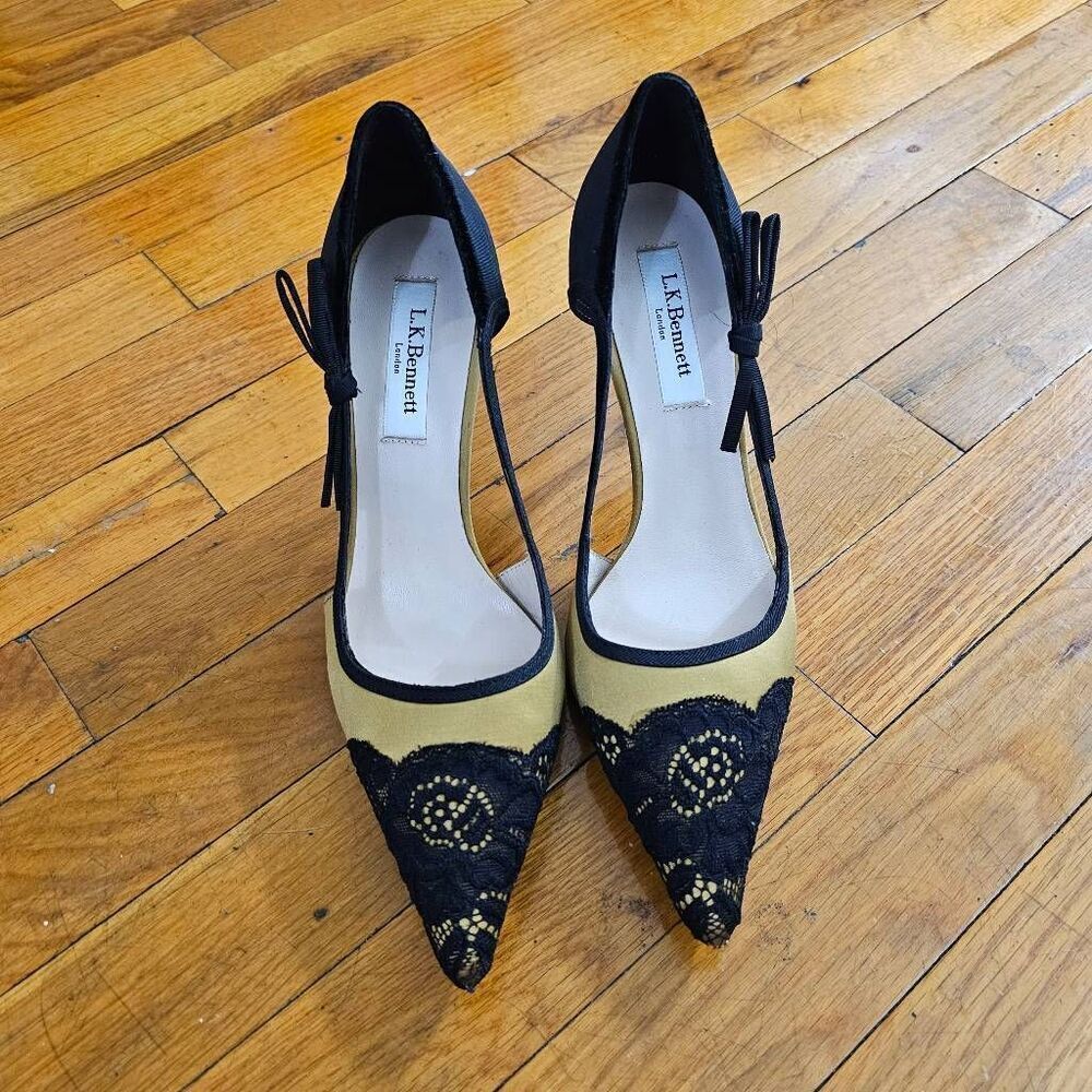 L.K. Bennett High Heels Black Lace Gold Heels Size EU 37